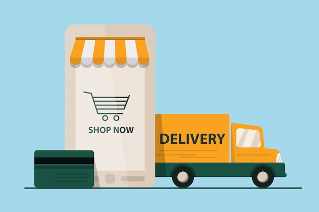 Vector e-commerce concept. smartphone e-marketing, app store, delivery van. flat design style modern   illustration.