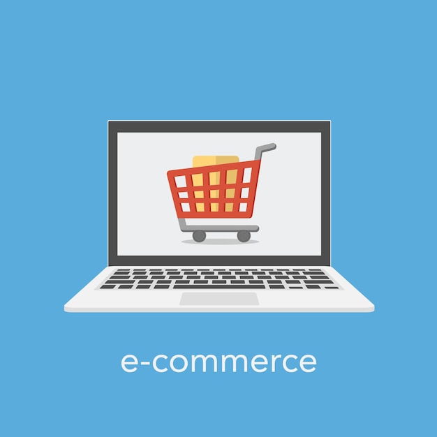 E commerce concept with a shopping cart on the laptop screen