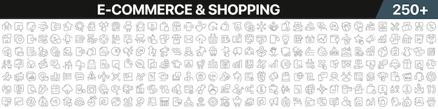 E-commerce en winkelen lineaire iconen collectie Grote set van meer 250 dunne lijn iconen in zwart E-commerce en winkelen zwarte iconen Vector illustratie