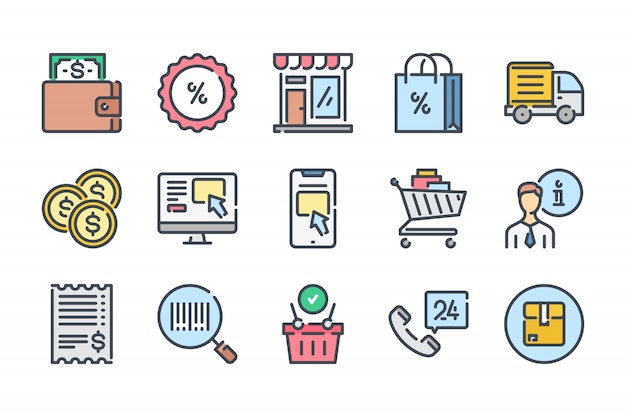 Vector e-commerce gerelateerde kleur lijn icon set.