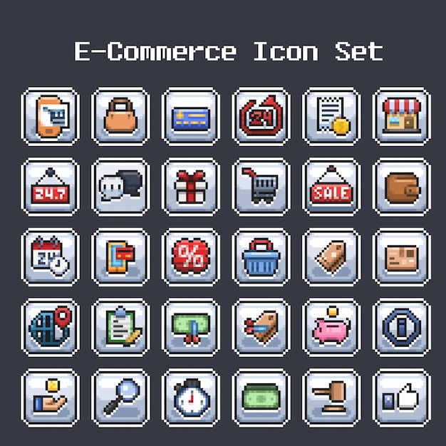 Vector e-commerce icoon ingesteld in pixel art stijl