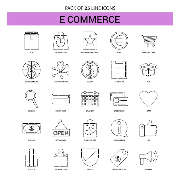 E-commerce line icon set - 25 dashed outline style