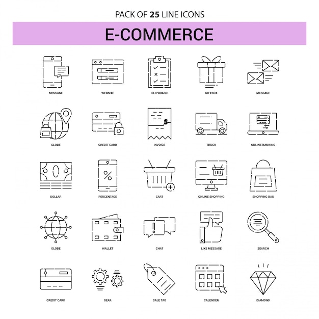 E-Commerce Line Icon Set - 25 Dashed Outline Style