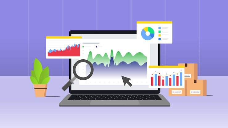Vector e commerce market performance illustration concept statistical and data analysis