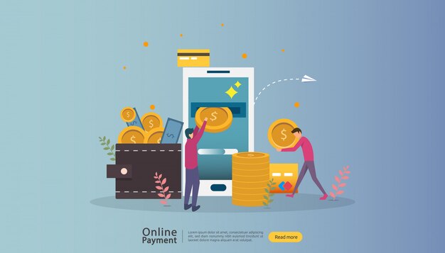 Illustrazione online di compera del mercato di commercio elettronico con il carattere minuscolo della gente.