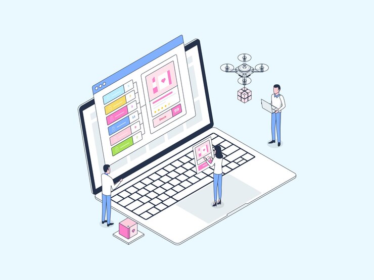 Vector e-commerce omnichannel order isometric illustration lineal color. suitable for mobile app, website, banner, diagrams, infographics, and other graphic assets.