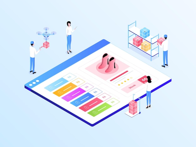 E-commerce sincronizzazione omnicanale stock illustrazione isometrica gradiente di luce. adatto per app mobili, siti web, banner, diagrammi, infografiche e altre risorse grafiche.