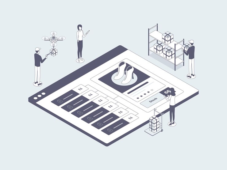 Vector e-commerce omnichannel synchronization stock  isometric illustration lineal gray. suitable for mobile app, website, banner, diagrams, infographics, and other graphic assets.