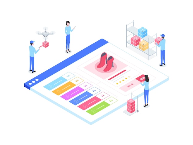 E-Commerce Omnichannel Synchronization Stock  Isometric Illustration. Suitable for Mobile App, Website, Banner, Diagrams, Infographics, and Other Graphic Assets.