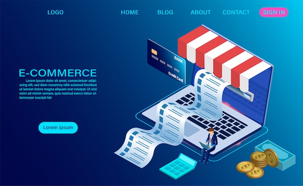 Vector e-commerce shopping online with computer laptop web template