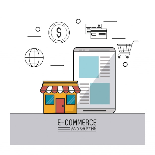 e-commerce and shopping with store and smartphone with commerce icons