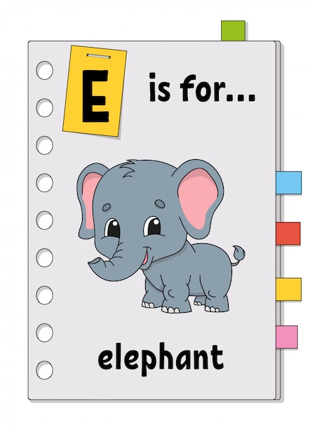 E è per elefante. gioco abc per bambini. parola e lettera. imparare parole per studiare l'inglese.