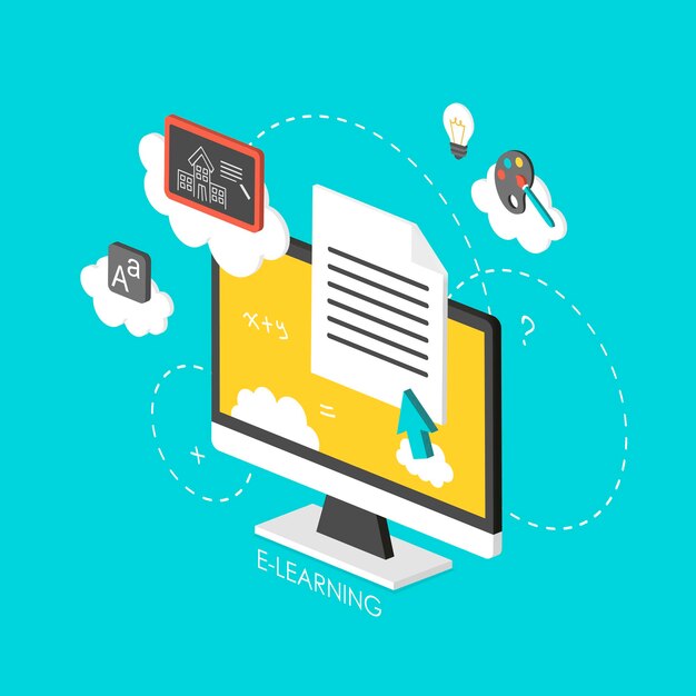 Vector e-learning concept 3d isometric infographic with computer screen