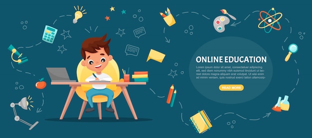 Vettore banner di concetto di e-learning. formazione online. ragazzo di scuola sveglio che per mezzo del computer portatile. studia a casa con elementi disegnati a mano. corsi web o tutorial, software per l'apprendimento. illustrazione piatta dei cartoni animati