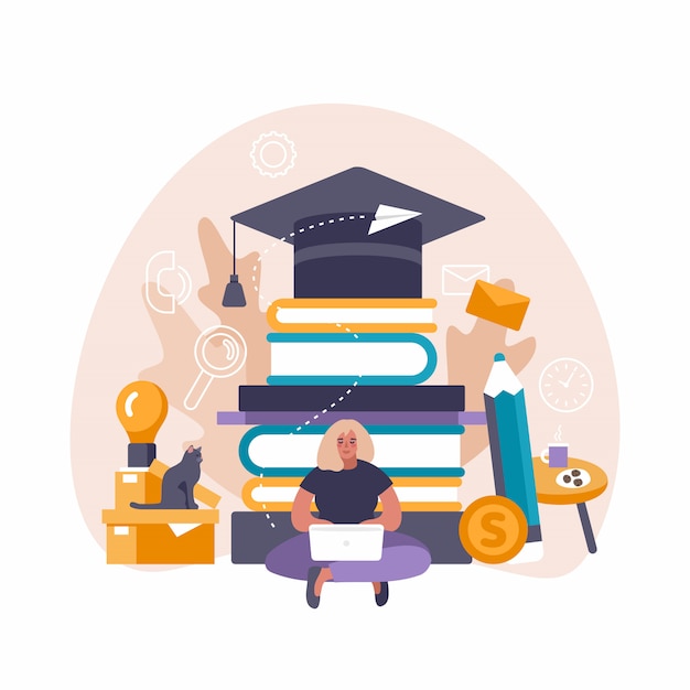 E-learning concept illustration of woman using laptop and tablet pc for distance studying and education.