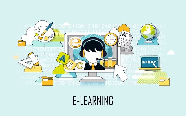 e-learning concept: learning elements and computer in line style