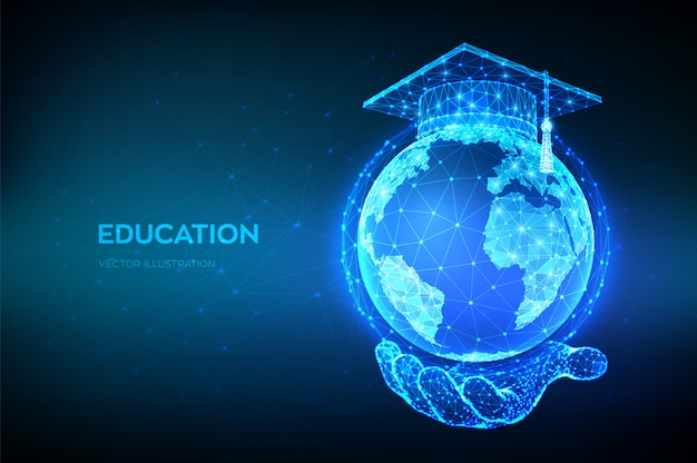 E-learning concept. Online education. Abstract Low Polygonal Graduation cap on planet Earth globe model map in hand.