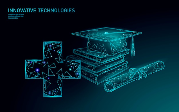 Concetto di programma di certificato di laurea in medicina a distanza e-learning. il poli basso 3d rende il modello dell'insegna dell'incrocio medico del diploma del cappuccio di graduazione. illustrazione del corso di formazione internet