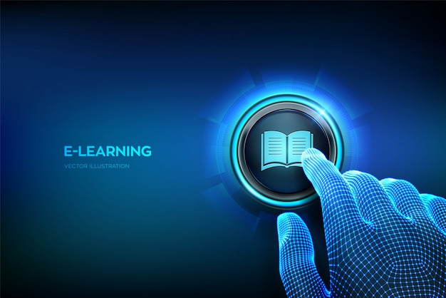 E-learning. innovatief online onderwijs, webinar, lesconcept. close-upvinger ongeveer om een knoop te drukken.