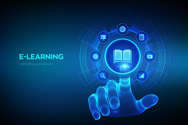 Вектор электронное обучение. инновационная концепция онлайн-образования и интернет-технологий. каркасная рука касаясь цифрового интерфейса.