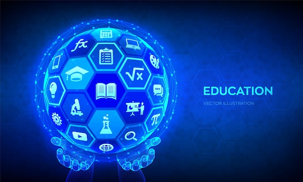 E-learning. Innovative online education technology concept. Abstract 3D sphere with surface of hexagons with icons in hands.