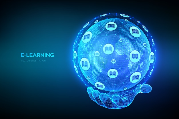 E-learning. Innovative online education technology concept. World map point and line composition. Earth planet globe in hand. Webinar, online training courses. Skill development. 