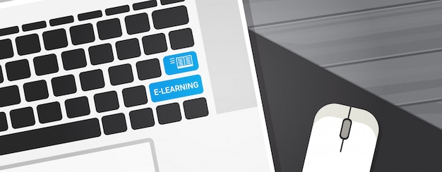 e-learning key on laptop computer keyboard online education concept horizontal illustration