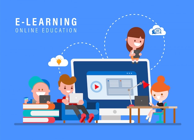 Vector e-learning online education concept illustration. kids studying at home via internet. young people cartoon in flat design style vector illustration.