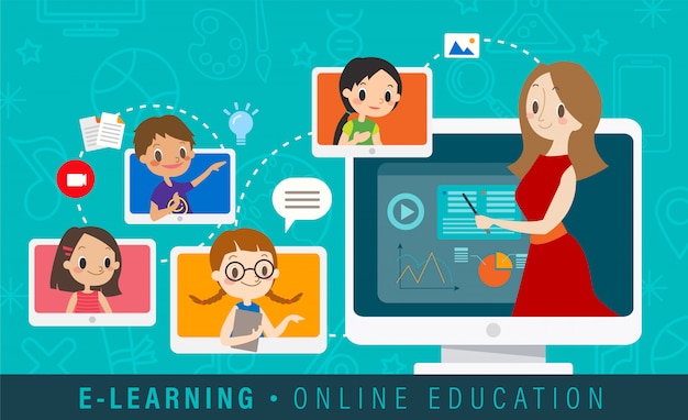 Eラーニングのオンライン教育の概念図。