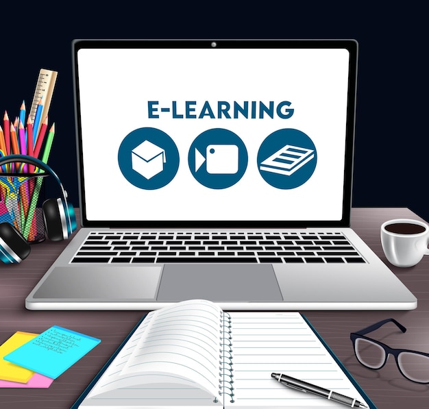 E-learning online school vector banner design. E-learning text in laptop device.