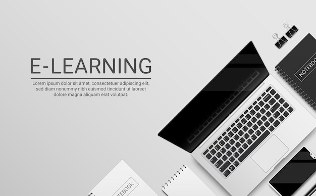 Progettazione di banner vettoriali per la scuola online di e-learning. testo e-learning in bianco.