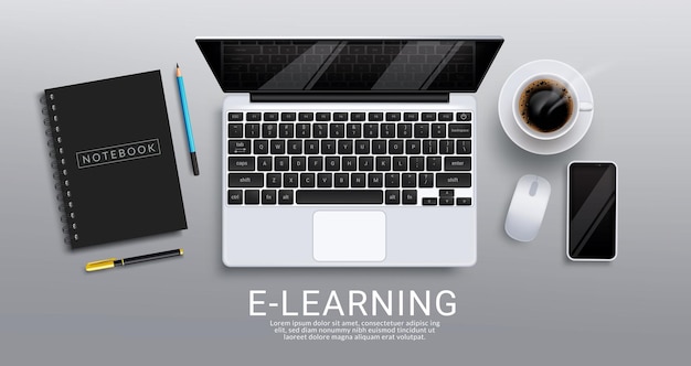 E-learning online school vectorontwerp E-learning tekst met online onderwijselementen van laptop