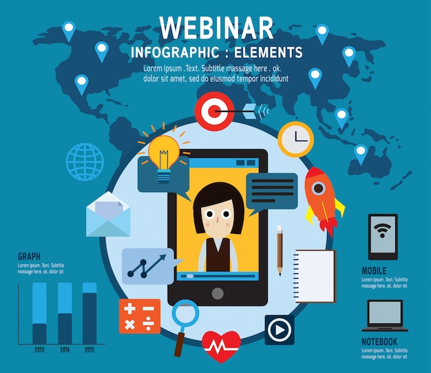 E-learning, set webinar-elementen. online leren, professionele lezingen op internet.
