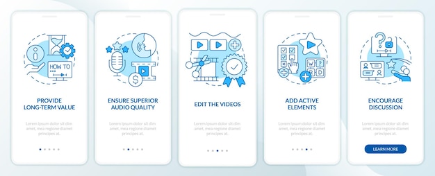 E-learning videotips blauw onboarding mobiel app-scherm