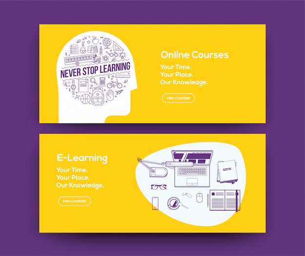 E-learning web banner set  for online courses website or social network page.  .