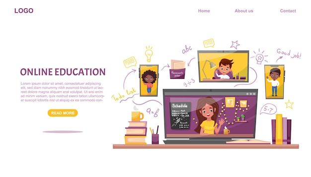 Шаблон веб-сайта электронного обучения. онлайн-образование. одноклассники с помощью ноутбука и смартфона учеба дома