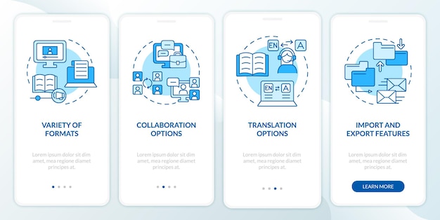 E-learningplatforms hebben een blauw onboarding-scherm voor mobiele apps. Doorloop 4 stappen grafische instructiepagina's met lineaire concepten. UI, UX, GUI-sjabloon. Myriad Pro-Bold, reguliere lettertypen gebruikt