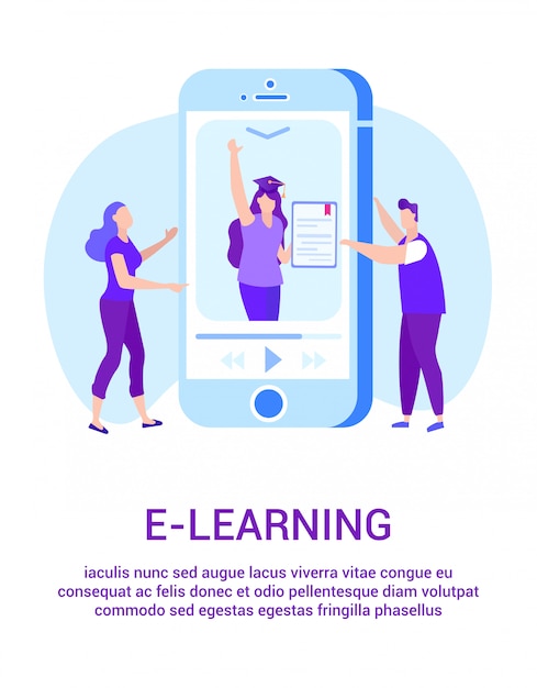 Vettore e-lerarning. donna con diploma sul monitor del telefono.