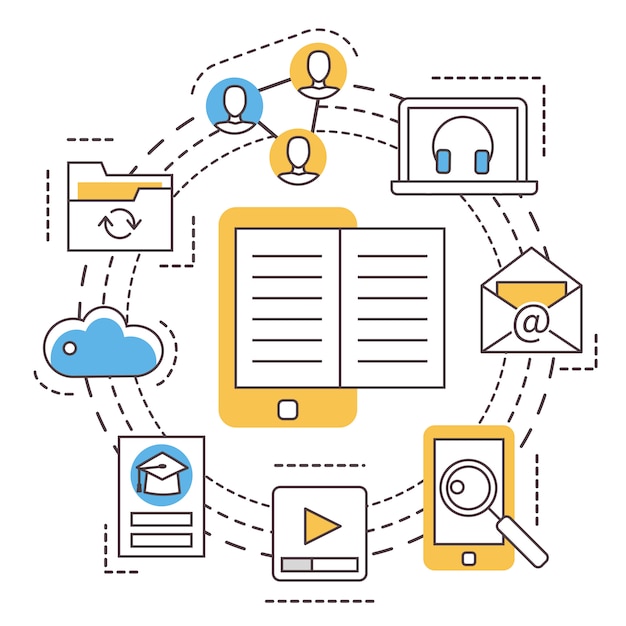 Vector e-leren. online onderwijs. dunne lijn plat pictogrammen.