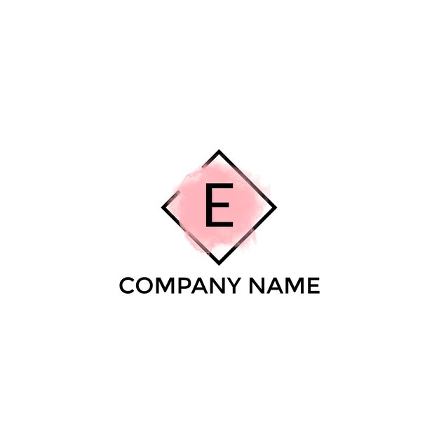 Vector e letter logo design with pink ink strokes over black square frames