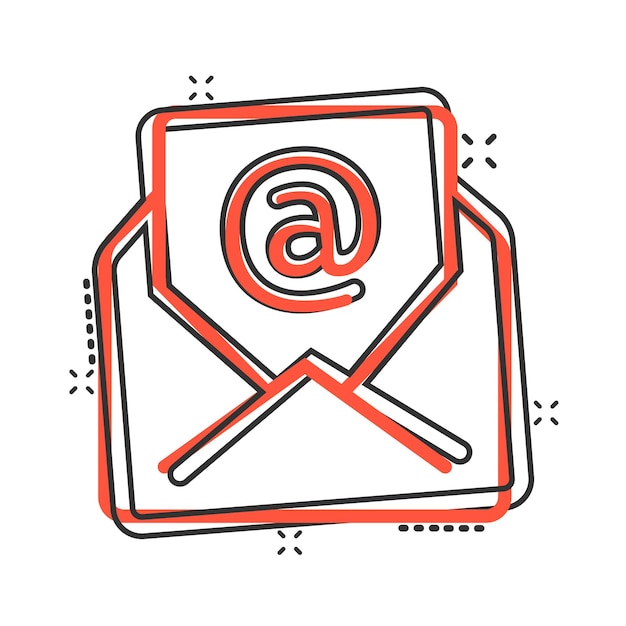 E-mail berichtpictogram in komische stijl mail document cartoon vectorillustratie op witte geïsoleerde achtergrond bericht correspondentie splash effect bedrijfsconcept