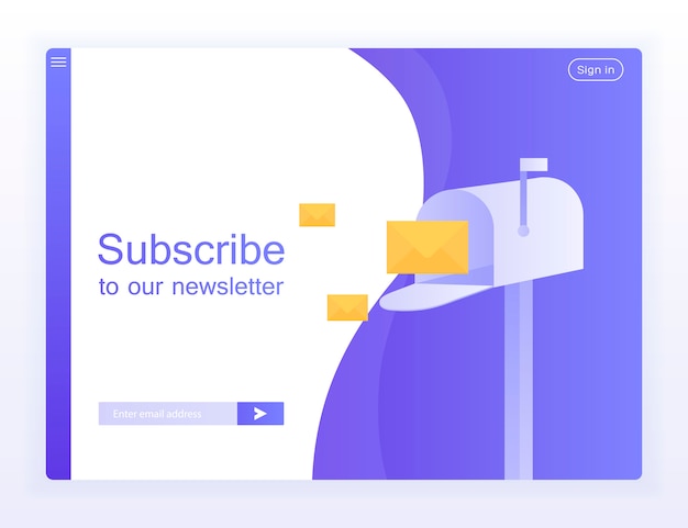 E-mail inschrijven, online nieuwsbriefsjabloon met mailbox en verzendknop voor website.