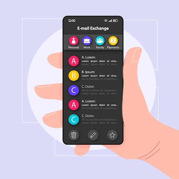 E-mail uitwisseling menu smartphone interface vector sjabloon Mobiele app pagina zwart ontwerp lay-out Inkomende mail organisator scherm Platte UI voor toepassing Hand met telefoon met chats tentoongesteld