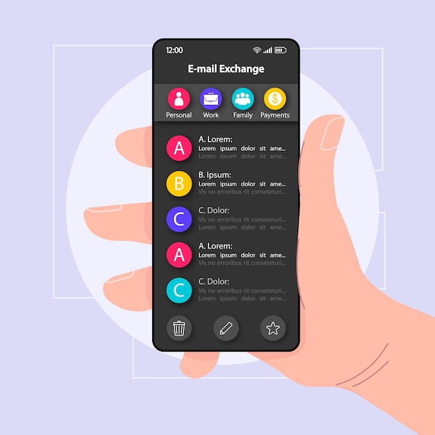 E-mail uitwisseling menu smartphone interface vector sjabloon mobiele app pagina zwart ontwerp lay-out inkomende mail organisator scherm platte ui voor toepassing hand met telefoon met chats tentoongesteld