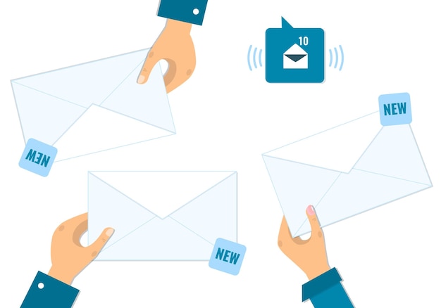 Vector e-mailillustratie e-mailmarketing broadcast-e-mail handen met enveloppen