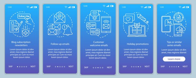 E-mailmarketing blauwe onboarding mobiele app-paginascherm vectorsjabloon