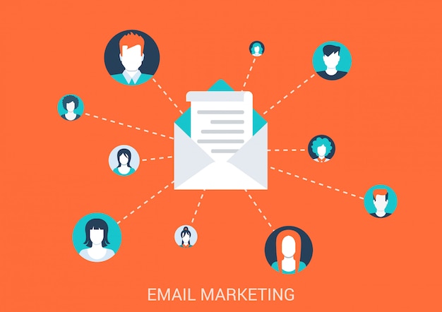 E-mailmarketing concept vlakke stijl illustratie. Mensen avatar potraits verbonden met mailing envelop.