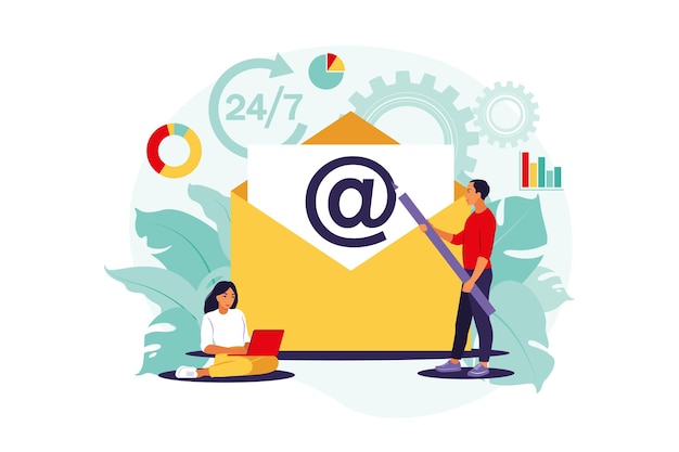 E-mailmarketing, internetchatten, 24-uurs ondersteuningsconcept. illustratie. vlak.