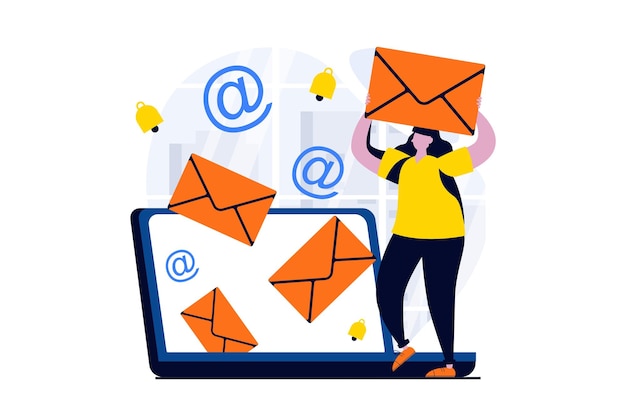 E-mailserviceconcept met mensenscène in plat cartoonontwerp Vrouw ontvangt nieuwe meldingen en beheert inkomende e-mails met behulp van desktop-app voor laptop Vectorillustratie visueel verhaal voor web