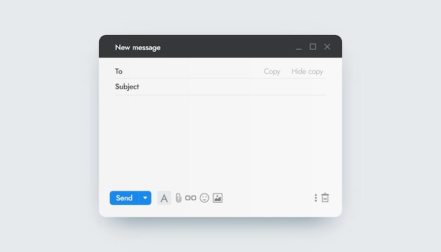 Vector e-mailsjabloon online messenger-interface mockupvenster voor het verzenden van een brief via internet-posttoepassing ui-scherm met kopadres en knoppen leeg formulier voor digitale tekstvectorverbinding